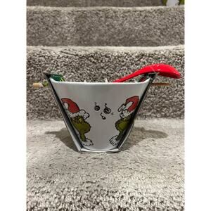 Grinch Noodle Bowl with Chopsticks and Ceramic Soup Spoon